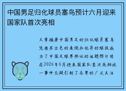 中国男足归化球员塞鸟预计六月迎来国家队首次亮相